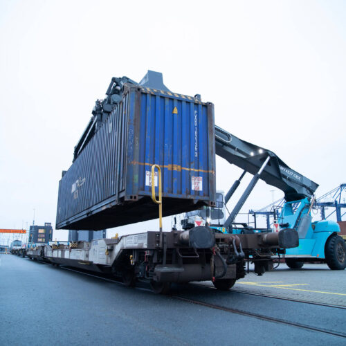 Container being lifted onto rail service at Hutchison Ports Stockholm